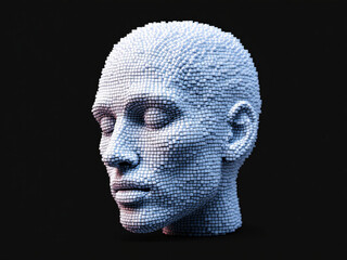 Digital, Pixelated, Head, Face, Disintegrating, 3D, Artificial Intelligence, Futuristic, Technology, Cyber, Glitch, Abstract, Blue, White, Squares, Cubes, Dissolving, Transparent, Modern, Innovative, 