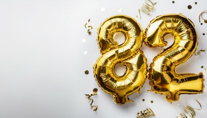 Obraz premium Number 82 golden balloons on white background with copy space. Generated image