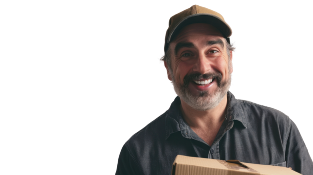 Delivery courier american caucasian middle age man, shipping box and smile in portrait on white background
