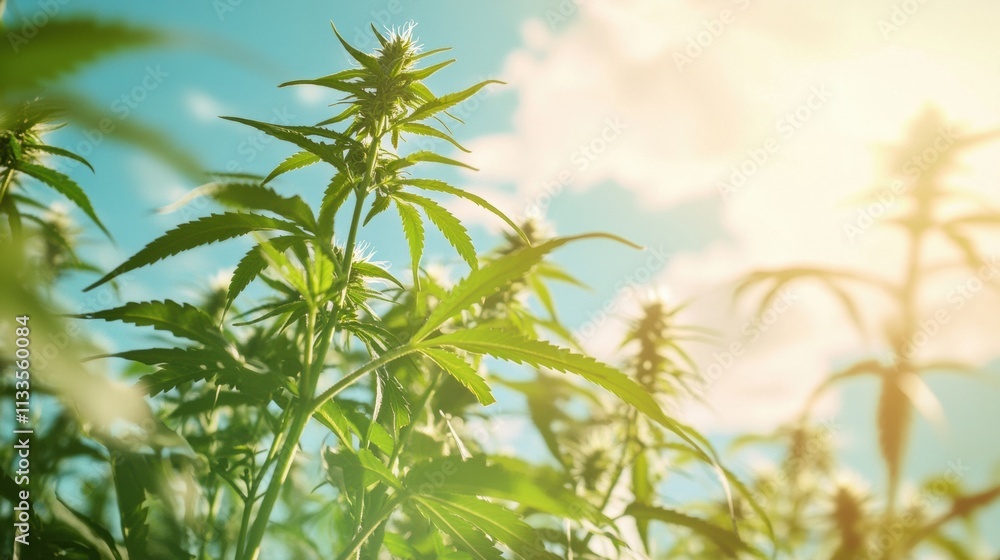 Poster branches of hemp and sunflower plants stretch towards the sky, basking in the warm sunlight on a cle