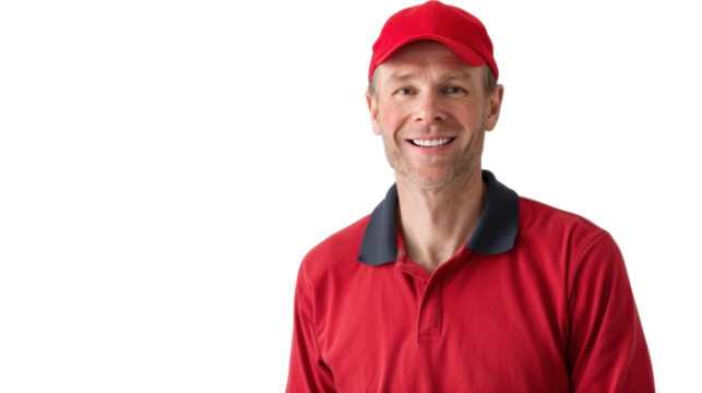 Delivery courier american caucasian middle age man, shipping box and smile in portrait on white background

