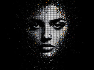 Digital, Pixelated, Head, Face, Disintegrating, 3D, Artificial Intelligence, Futuristic, Technology, Cyber, Glitch, Abstract, Blue, White, Squares, Cubes, Dissolving, Transparent, Modern, Innovative, 