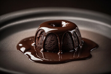 A warm chocolate lava cake with shiny molten chocolate flowing, soft texture, and a neutral background for focus