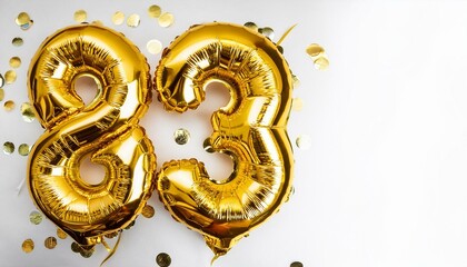 Obraz premium Number 83 golden balloons on white background with copy space. Generated image