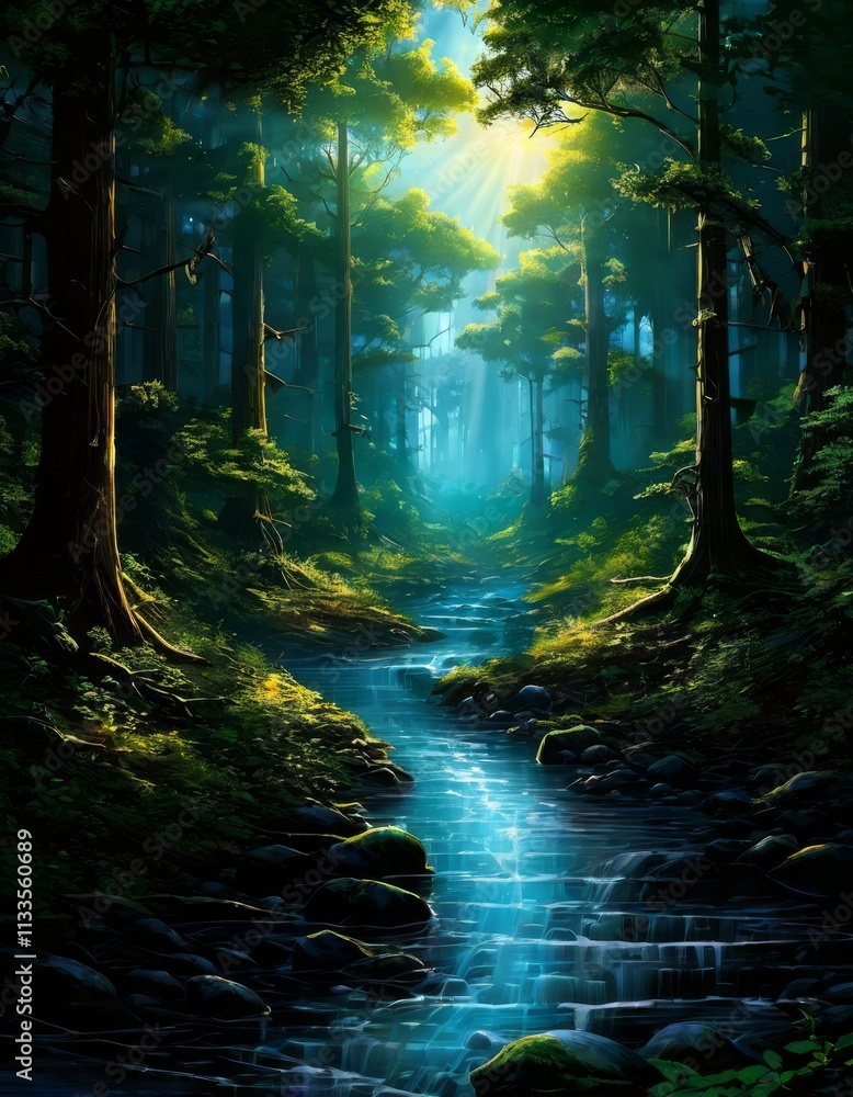 Poster a serene, crystal-clear stream flows through a lush forest, with rays of sunlight filtering through 