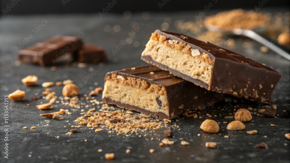 Poster nutty layers a dynamic closeup of a crosssectioned protein bar exposing its three tantalizing layers