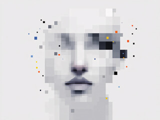 Digital, Pixelated, Head, Face, Disintegrating, 3D, Artificial Intelligence, Futuristic, Technology, Cyber, Glitch, Abstract, Blue, White, Squares, Cubes, Dissolving, Transparent, Modern, Innovative, 