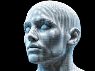 Digital, Pixelated, Head, Face, Disintegrating, 3D, Artificial Intelligence, Futuristic, Technology, Cyber, Glitch, Abstract, Blue, White, Squares, Cubes, Dissolving, Transparent, Modern, Innovative, 