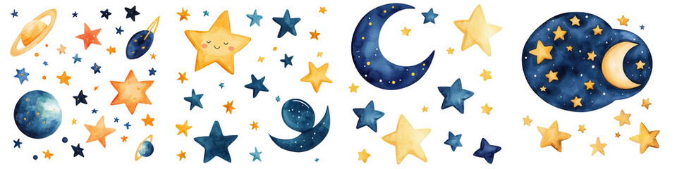 Colorful celestial elements including stars, moons, and planets create whimsical night sky, isolated on transparent background.