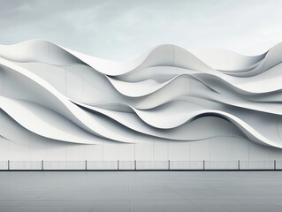 Wave-like architectural facade with modern curved lines in minimalistic design against a cloudy sky background