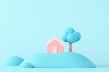 Cute pastel landscape with pink house and tree on smooth blue hills