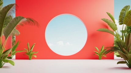 Obraz premium Modern architectural design with circular window and tropical plants against a bold red wall with clear blue sky background