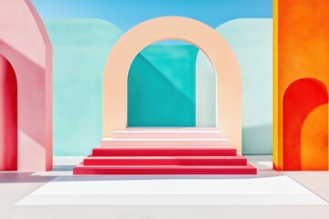 Colorful geometric architecture with arched doorways and bold staircases in contemporary minimalist design under a clear blue sky