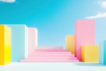 Fototapeta premium Geometric pastel architecture colorful steps and cubes under clear blue sky with light clouds in modern minimalist design