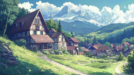 Obraz premium Mountain Village Houses Scenic Alpine Setting