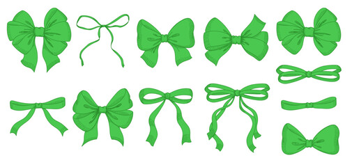Vintage style decorated green bow and ribbon. Hand drawn vintage line art vector illustration.