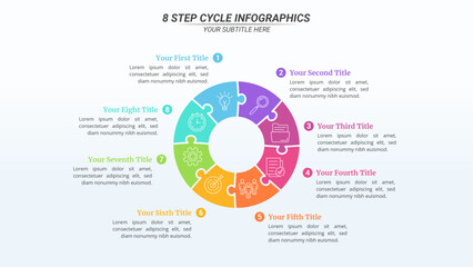 Fototapeta premium 8 Steps Cycle Infographics with Editable Text on a 16:9 Layout for Business Presentation, Poster, Banner and Booklet.