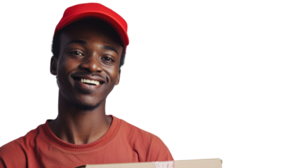 Delivery courier african young man, shipping box and smile in portrait on white background
