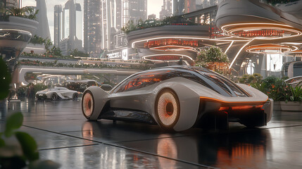 Naklejka premium Futuristic car design in vibrant city with advanced architecture and greenery