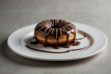 Chocolate-glazed donut with flowing chocolate drizzle, placed on a white plate, gentle side lighting for a sleek texture