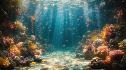 Naklejka premium Vibrant coral reef, sunlit ocean floor, colorful fish.