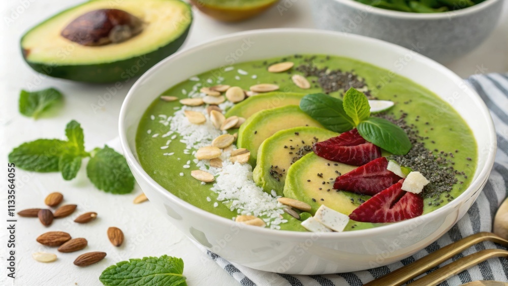 Poster a bright green smoothie bowl reminiscent of a lush garden showcases a base of spinach and avocado. t