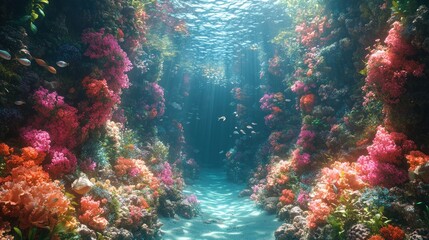 Vibrant coral reef, colorful fish, sunlit underwater scene.