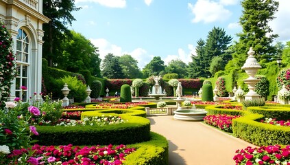 Obraz premium Elegant Baroque Garden Scene with Gazebo and Fountains