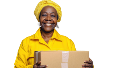 Delivery courier african senior woman, shipping box and smile in portrait on white background
