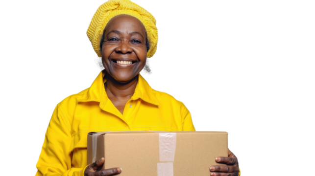 Delivery courier african senior woman, shipping box and smile in portrait on white background
