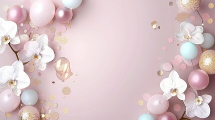 Light mauve vertical background embellished with white orchids, floating pastel balloons, and subtle golden glitter for a baby announcement