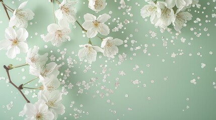 Light mint green background featuring white cherry blossoms with sparkling silver glitter, designed for a newborn girl's announcement