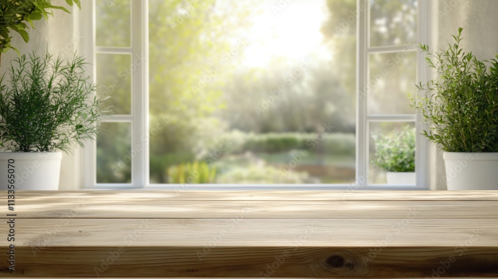 Aufkleber empty wooden table in front of a window with a blurred home garden view. sunlight streams through th