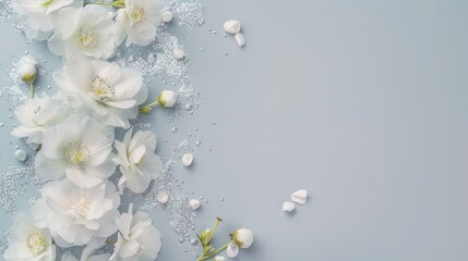 Light periwinkle vertical background embellished with white begonias and subtle silver glitter for a baby announcement