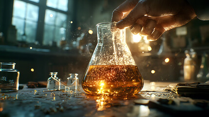 chemist mixes solutions in laboratory, creating vibrant reaction. scene captures essence of scientific exploration and discovery
