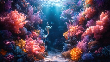 Fototapeta premium Mermaid, vibrant coral reef, underwater scene.