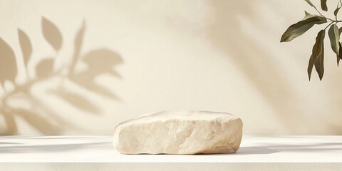 Beige rock podium for product display on soft beige background with leaf shadows. Natural style. Product presentation. Minimalist design. Modern aesthetic. Neutral colors. Natural light. Empty