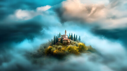Fototapeta premium surreal landscape featuring scenic drive through misty clouds and charming hilltop village. atmosphere evokes tranquility and wonder