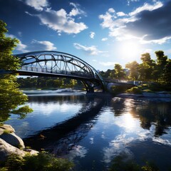 Fototapeta premium A sleek, modern steel bridge spans a calm river under a glowing sunset. The tranquil water reflects the structure and the surrounding trees, creating a serene landscape of natural beauty combined with