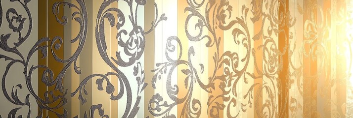 elegant and luxurious web banner or advertising background featuring ornate floral pattern with intricate swirls, leaves, and flowers in gold and silver tones, on a gradient background