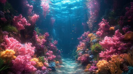 Naklejka premium Vibrant coral reef, sunlit ocean path.