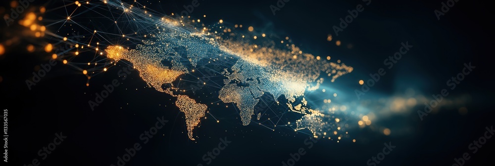 Poster global network visualization shows worldwide data exchange. futuristic glowing nodes, connections re