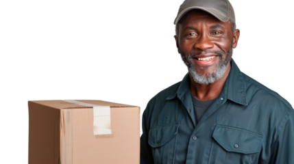 Delivery courier african middle age man, shipping box and smile in portrait on white background
