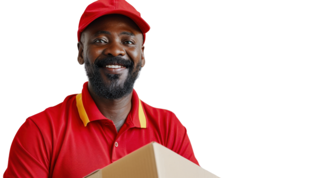 Delivery courier african middle age man, shipping box and smile in portrait on white background

