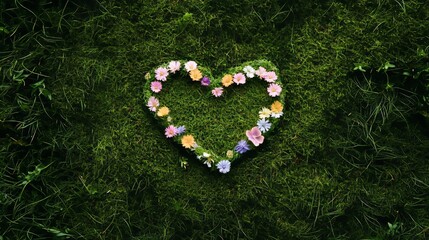A delicate heart constructed from pastel-colored wildflowers, lying gracefully on a bed of fresh green moss