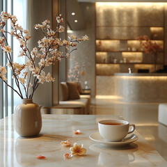 A white vase with pink flowers sits on a table next to a white coffee cup