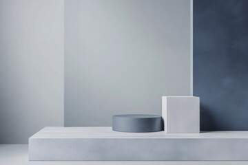 Empty geometric podiums for product placement on minimalist stage