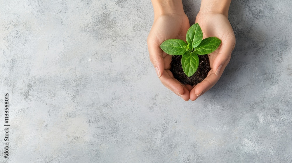 Poster two hands cradle a vibrant seedling growing in dark soil, symbolizing care and growth in a calming e