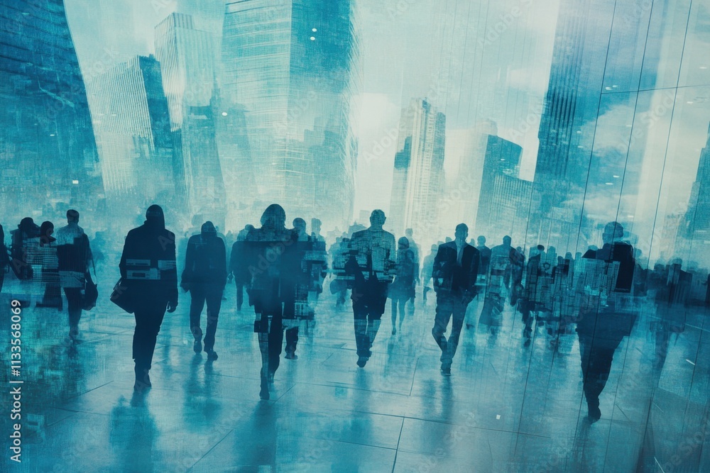 Poster digital background featuring silhouettes of business people in double exposure with a cityscape and 