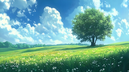 Fototapeta premium Serene Summer Landscape With Single Tree And Flower Field